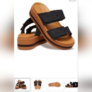 New Crocs Women's Brooklyn Buckle Low Wedge Black and Tan Platform Sandal Sz 6